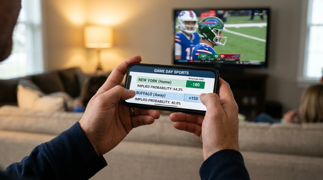Pantalla de sportsbook mostrando cuotas americanas NFL con formato positivo y negativo